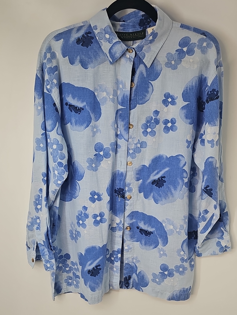 Harve Bernard Blue Floral Linen Cotton Blend Button Front Blouse Dainty Soft Fem
